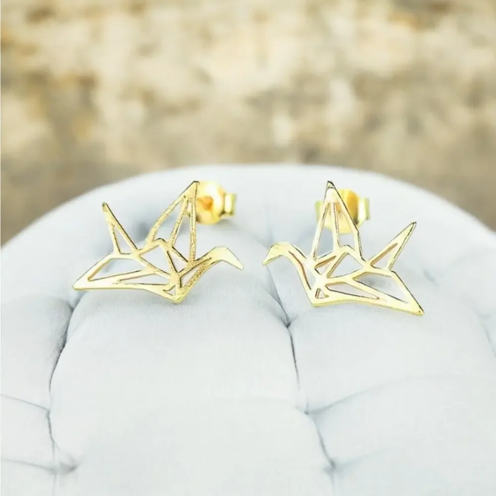 NEW sterling silver crane bird brushed stud earrings jewelry B5A